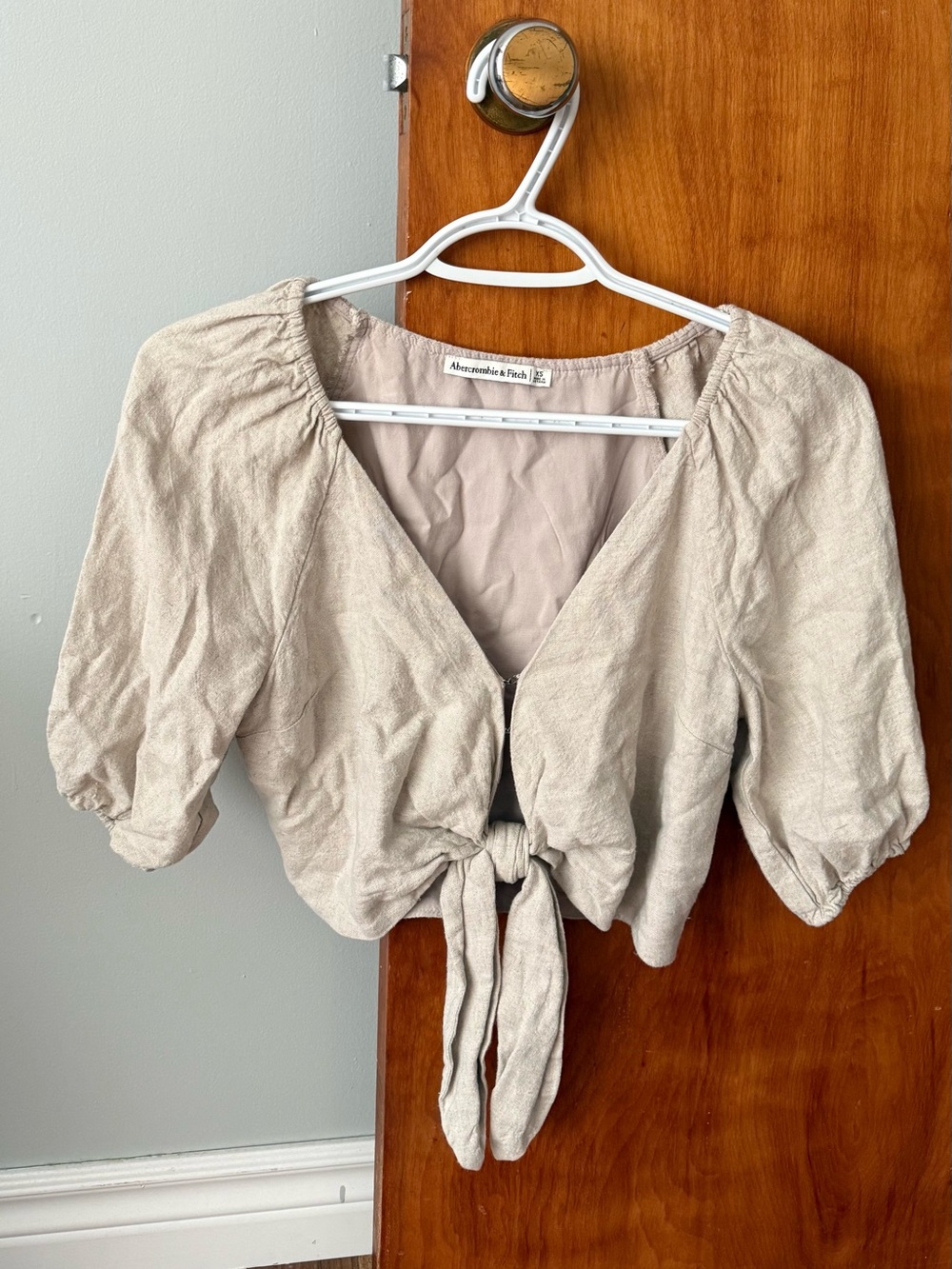 Abercrombie & Fitch Linen Blend Tie Front Crop Top Beige Size XS